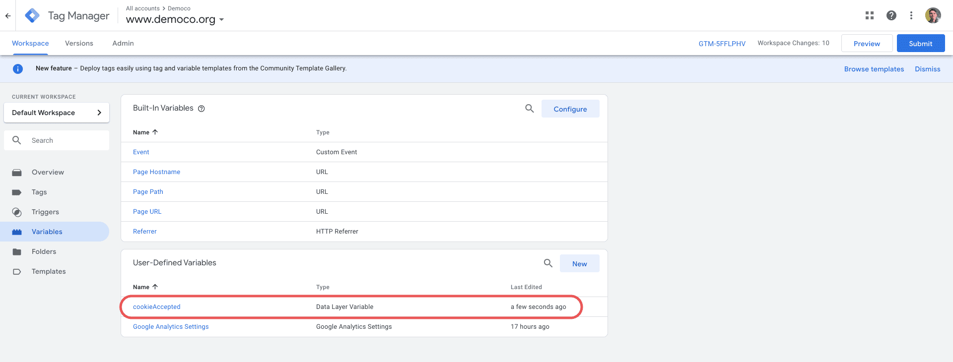 Google Tag Manager Variables Settings